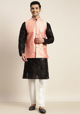 Black Mirror Work Poly Blend Kurta Set For Men