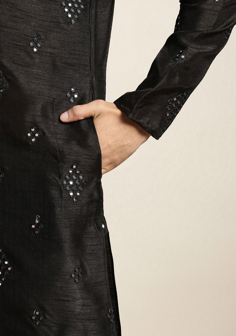 Black Mirror Work Poly Blend Kurta Set For Men