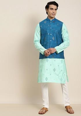 Sea Green Embroidered Poly Blend Kurta Set For Men