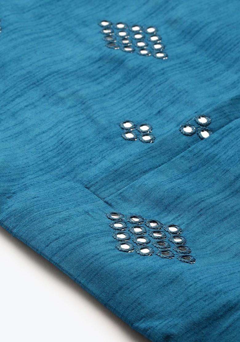 Sea Green Embroidered Poly Blend Kurta Set For Men