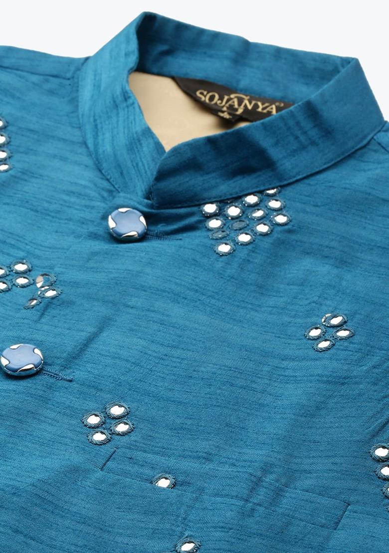 Sea Green Embroidered Poly Blend Kurta Set For Men