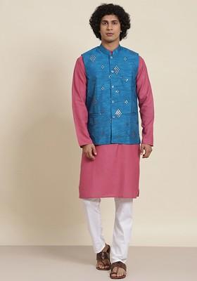 Pink Solid Cotton Kurta Set For Men