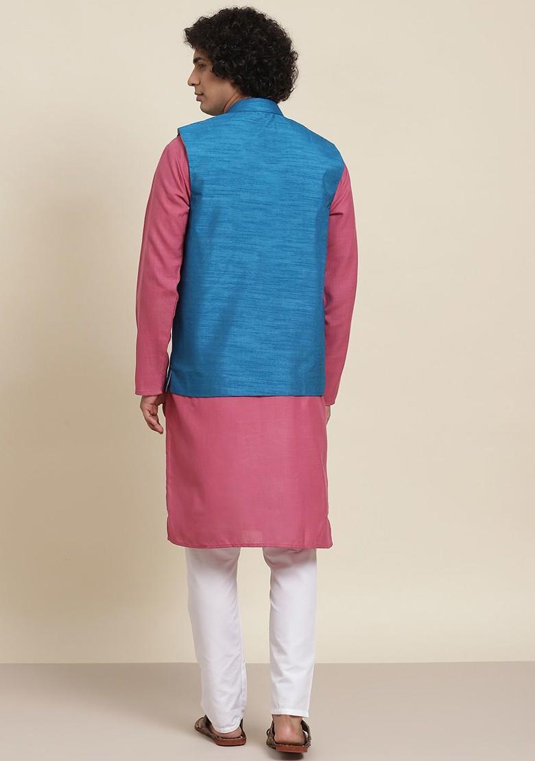 Pink Solid Cotton Kurta Set For Men