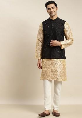 Beige Ethnic Motifs Poly Blend Kurta Set For Men