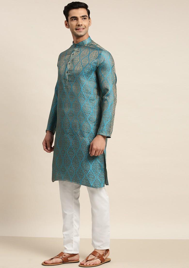 Blue Ethnic Motifs Poly Blend Kurta Set For Men