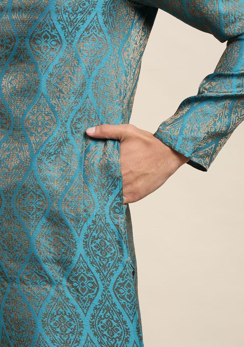 Blue Ethnic Motifs Poly Blend Kurta Set For Men