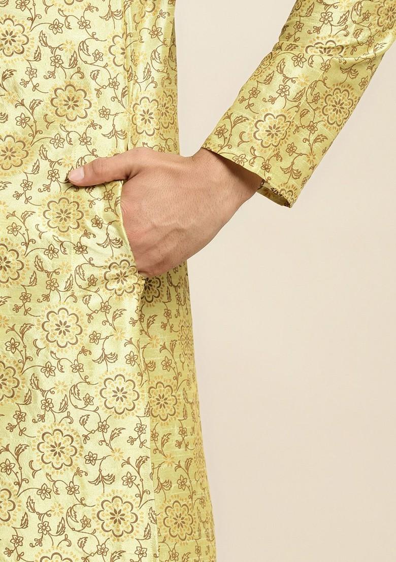 Lime Green Ethnic Motifs Poly Blend Kurta Set For Men
