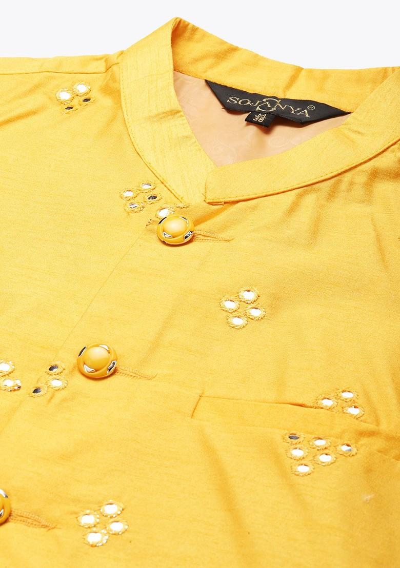 Lime Green Ethnic Motifs Poly Blend Kurta Set For Men