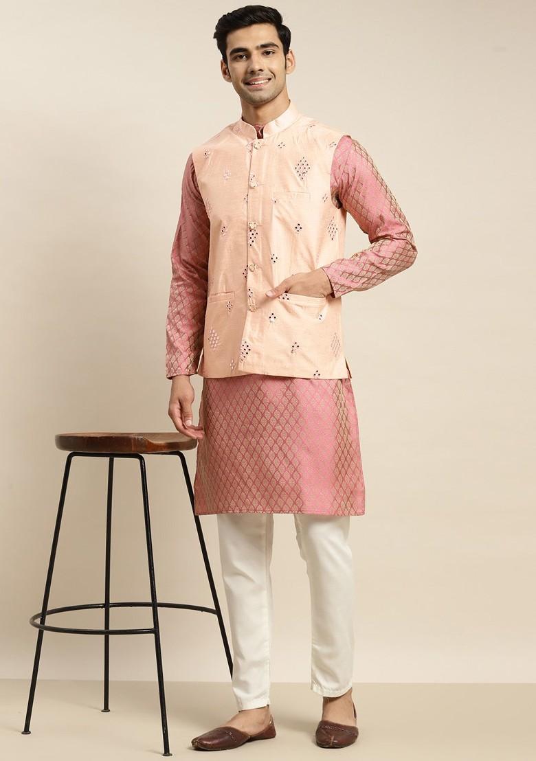 Pink Ethnic Motifs Poly Blend Kurta Set For Men