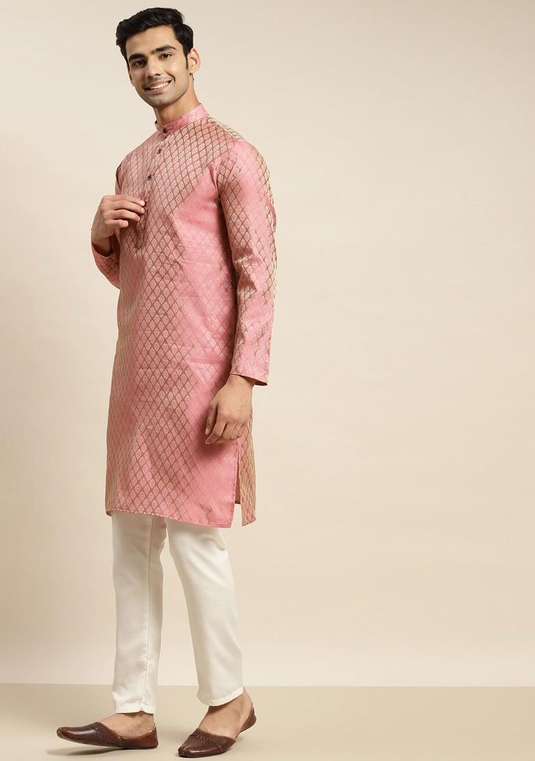 Pink Ethnic Motifs Poly Blend Kurta Set For Men