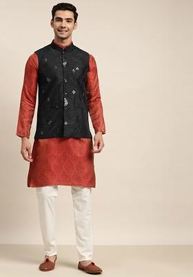 Red Ethnic Motifs Poly Blend Kurta Set For Men