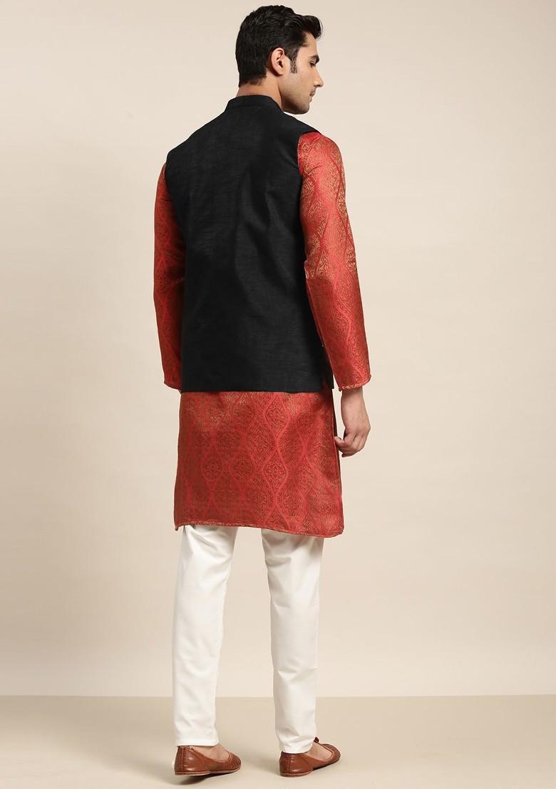 Red Ethnic Motifs Poly Blend Kurta Set For Men