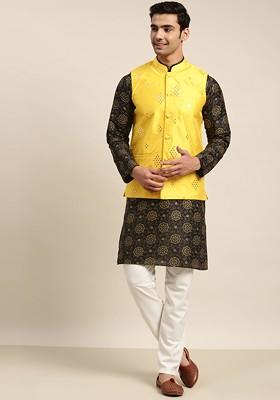 Black Mirror Work Poly Blend Kurta Set For Men