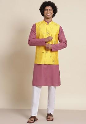 Mauve Solid Cotton Kurta Set For Men