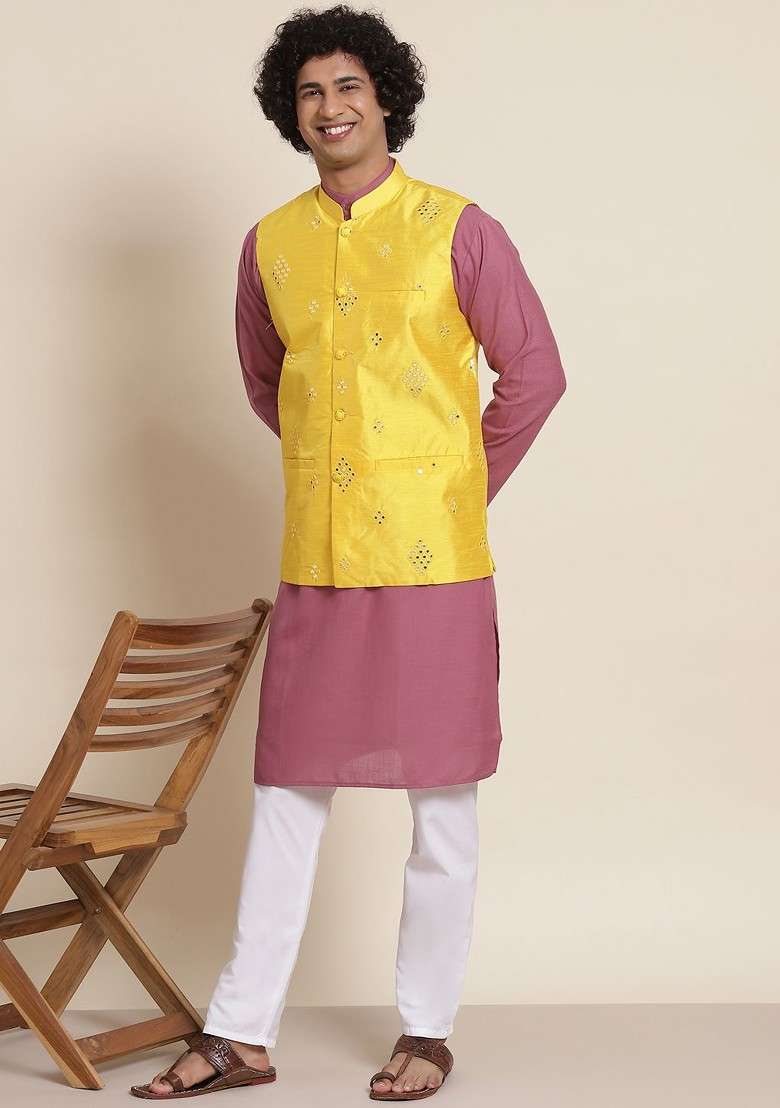 Mauve Solid Cotton Kurta Set For Men - Indya