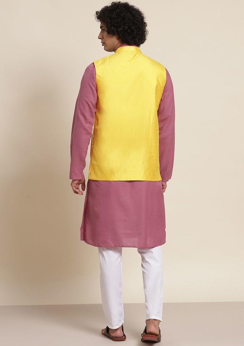 Mauve Solid Cotton Kurta Set For Men