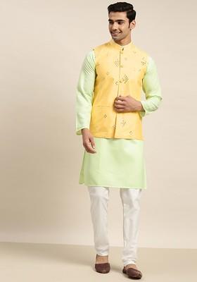 Green Mirror Work Cotton Kurta Set For Men