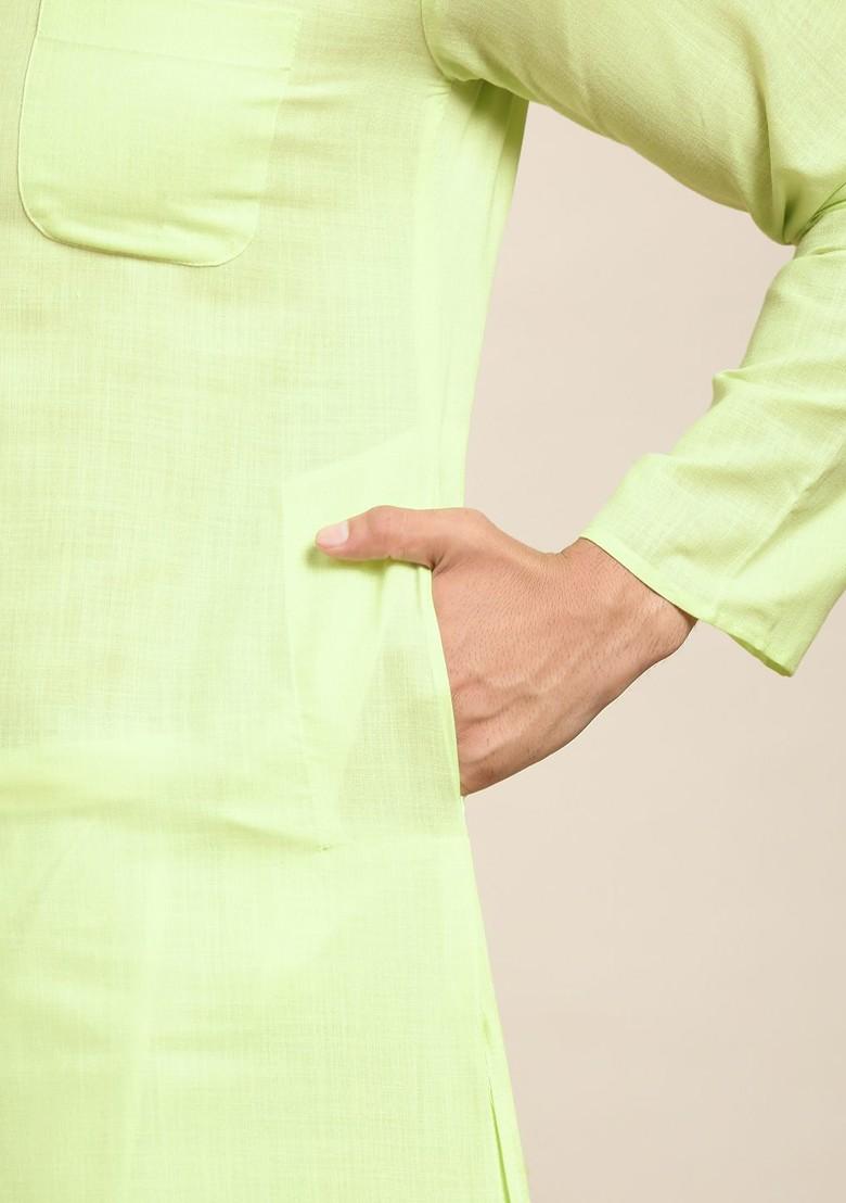 Green Mirror Work Cotton Kurta Set For Men