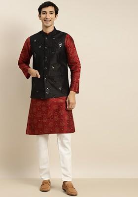 Maroon Mirror Work Poly Blend Kurta Set For Men