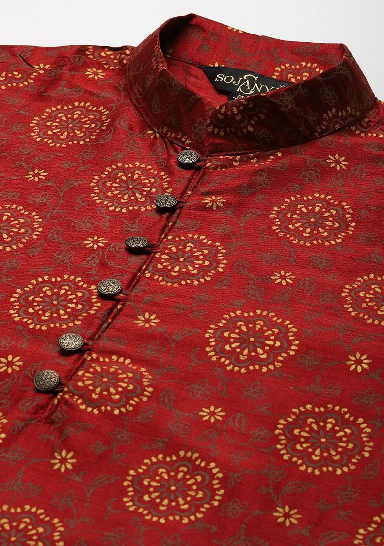 Maroon Mirror Work Poly Blend Kurta Set For Men