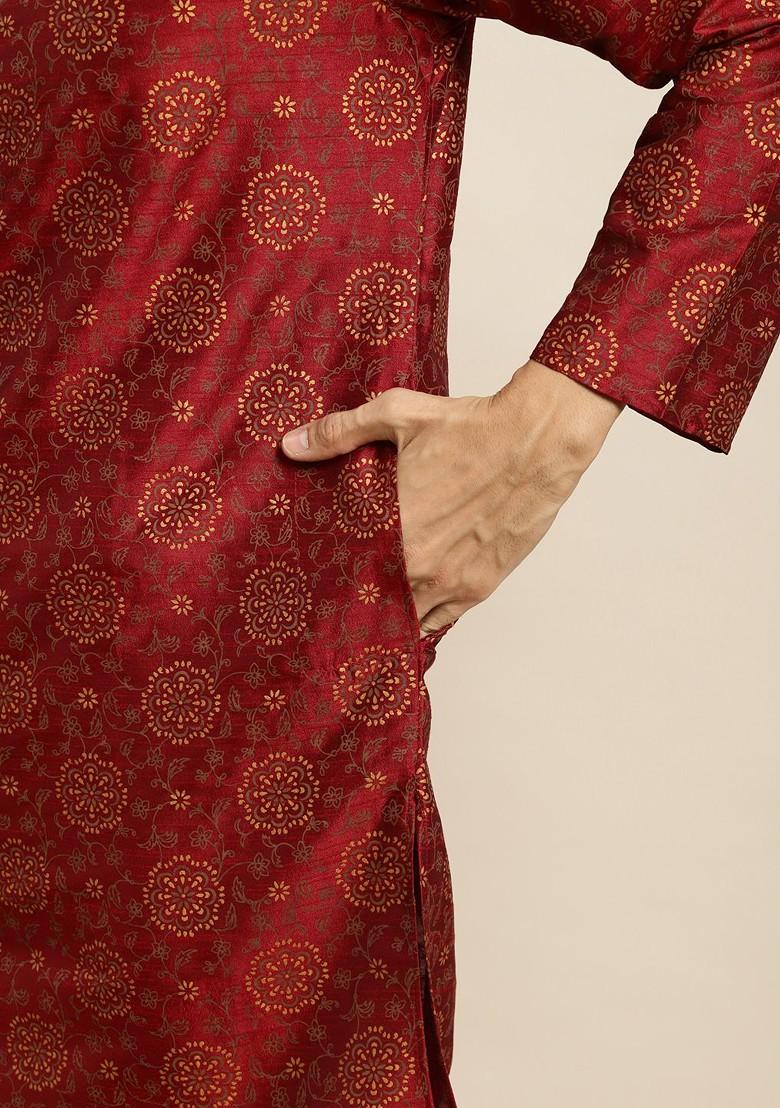 Maroon Mirror Work Poly Blend Kurta Set For Men