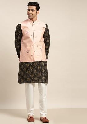 Black Mirror Work Poly Blend Kurta Set For Men