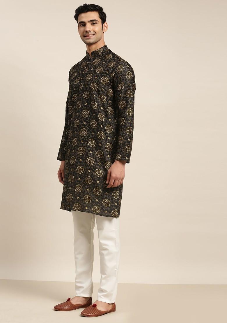 Black Mirror Work Poly Blend Kurta Set For Men