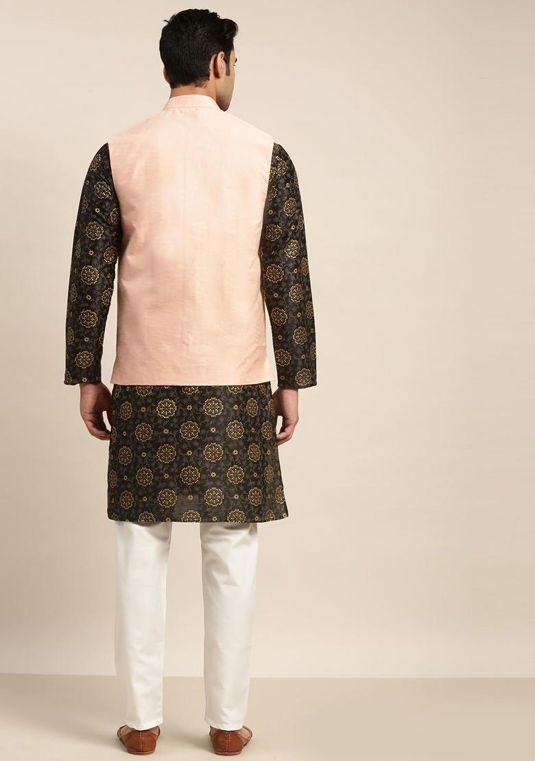 Black Mirror Work Poly Blend Kurta Set For Men