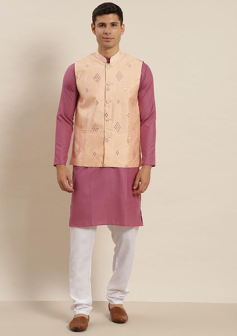 Pink Solid Cotton Kurta Set For Men
