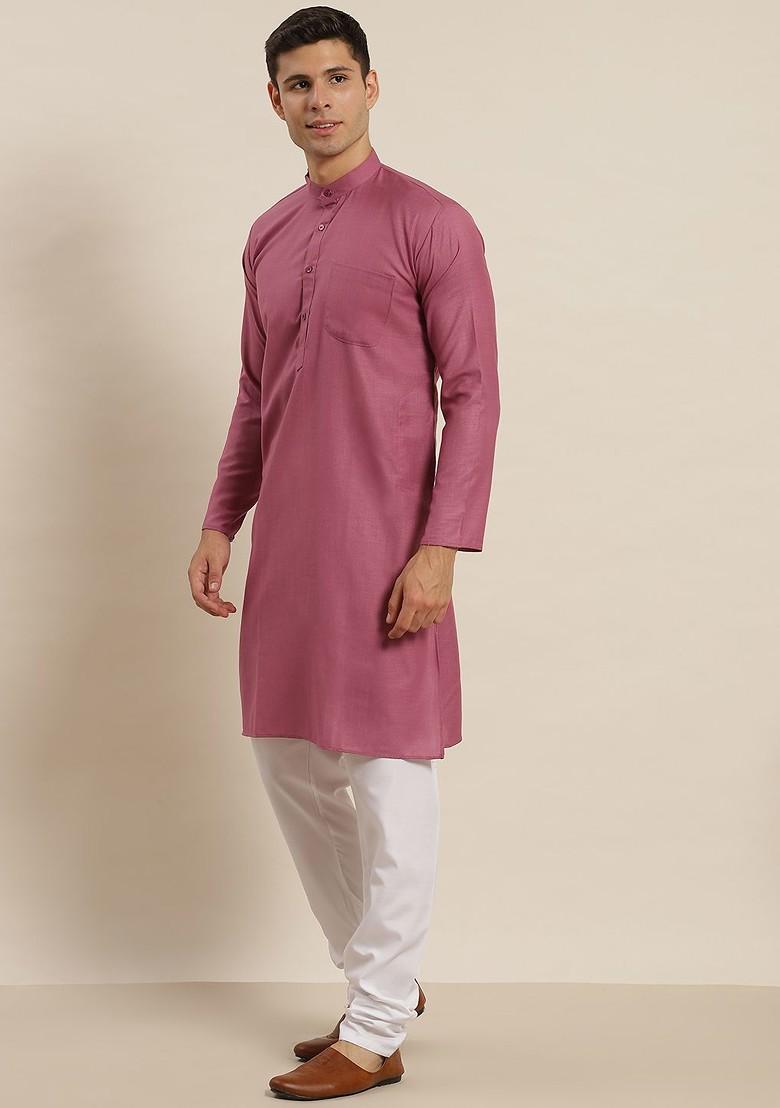 Pink Solid Cotton Kurta Set For Men