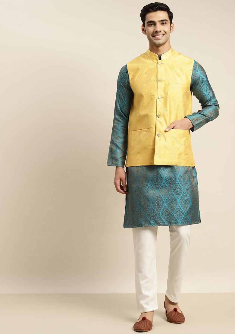 Teal Blue Ethnic Motifs Poly Blend Kurta Set For Men