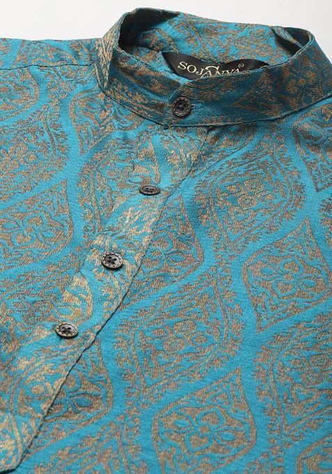 Teal Blue Ethnic Motifs Poly Blend Kurta Set For Men