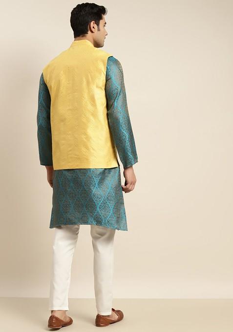 Teal Blue Ethnic Motifs Poly Blend Kurta Set For Men