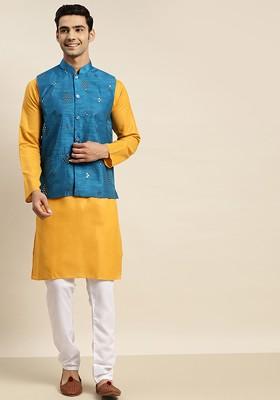 Mustard Mirror Work Cotton Kurta Set For Men