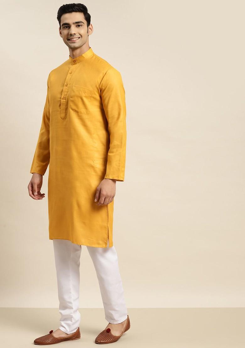 Mustard Mirror Work Cotton Kurta Set For Men