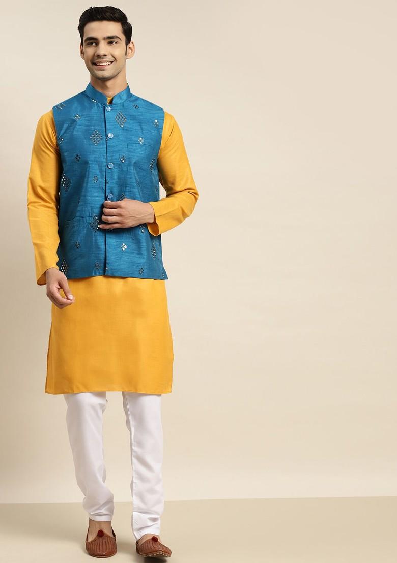 Mustard Mirror Work Cotton Kurta Set For Men