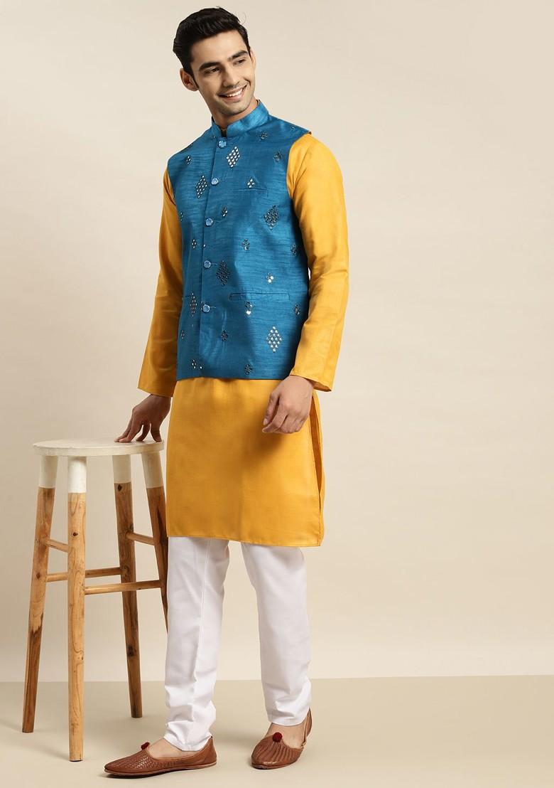 Mustard Mirror Work Cotton Kurta Set For Men