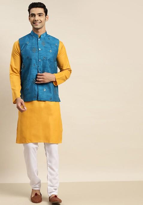 Mustard Mirror Work Cotton Kurta Set For Men