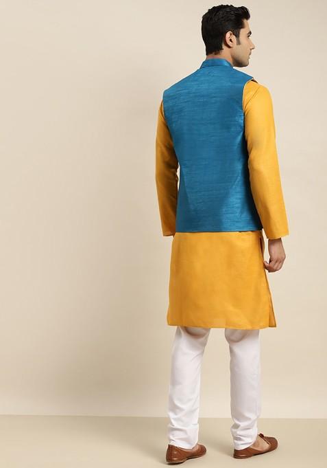 Mustard Mirror Work Cotton Kurta Set For Men