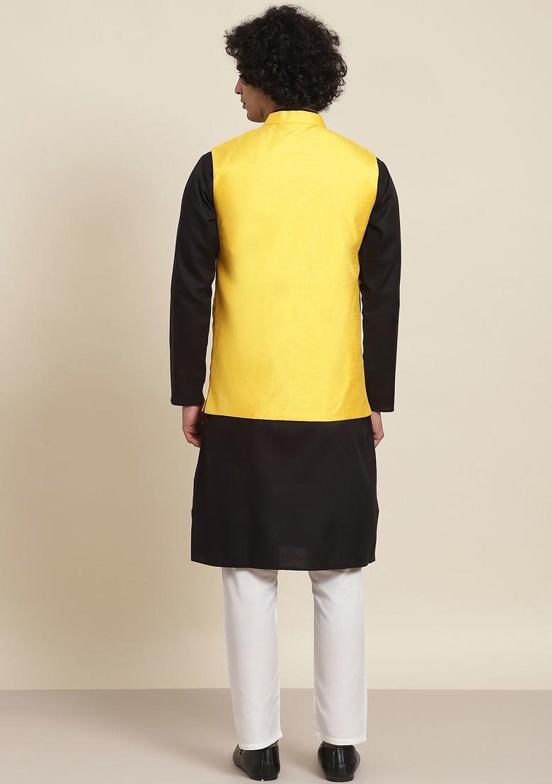 Black Solid Cotton Kurta Set For Men