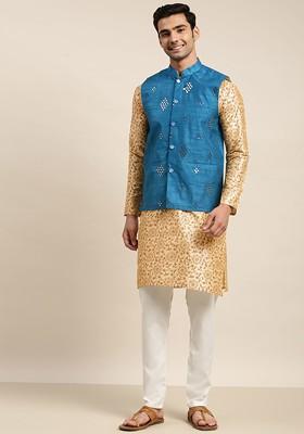 Beige Mirror Work Poly Blend Kurta Set For Men