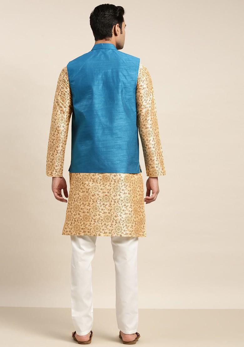 Beige Mirror Work Poly Blend Kurta Set For Men
