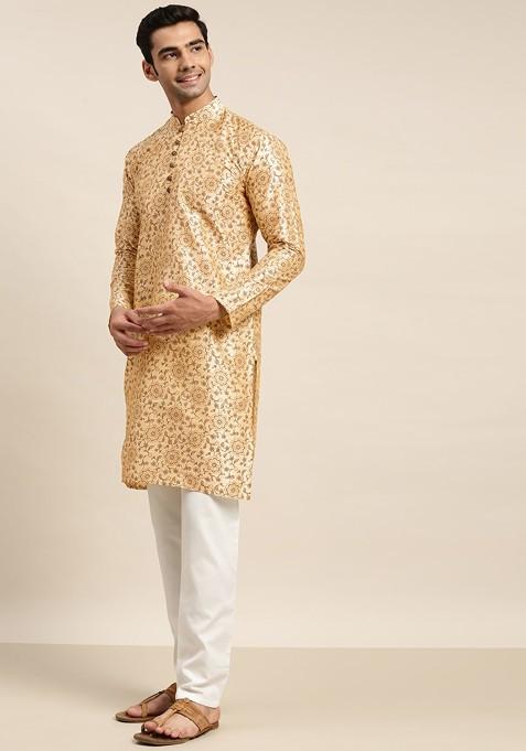 Beige Mirror Work Poly Blend Kurta Set For Men