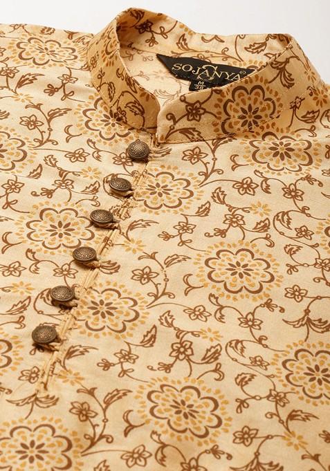 Beige Mirror Work Poly Blend Kurta Set For Men
