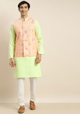 Green Mirror Work Cotton Kurta Set For Men