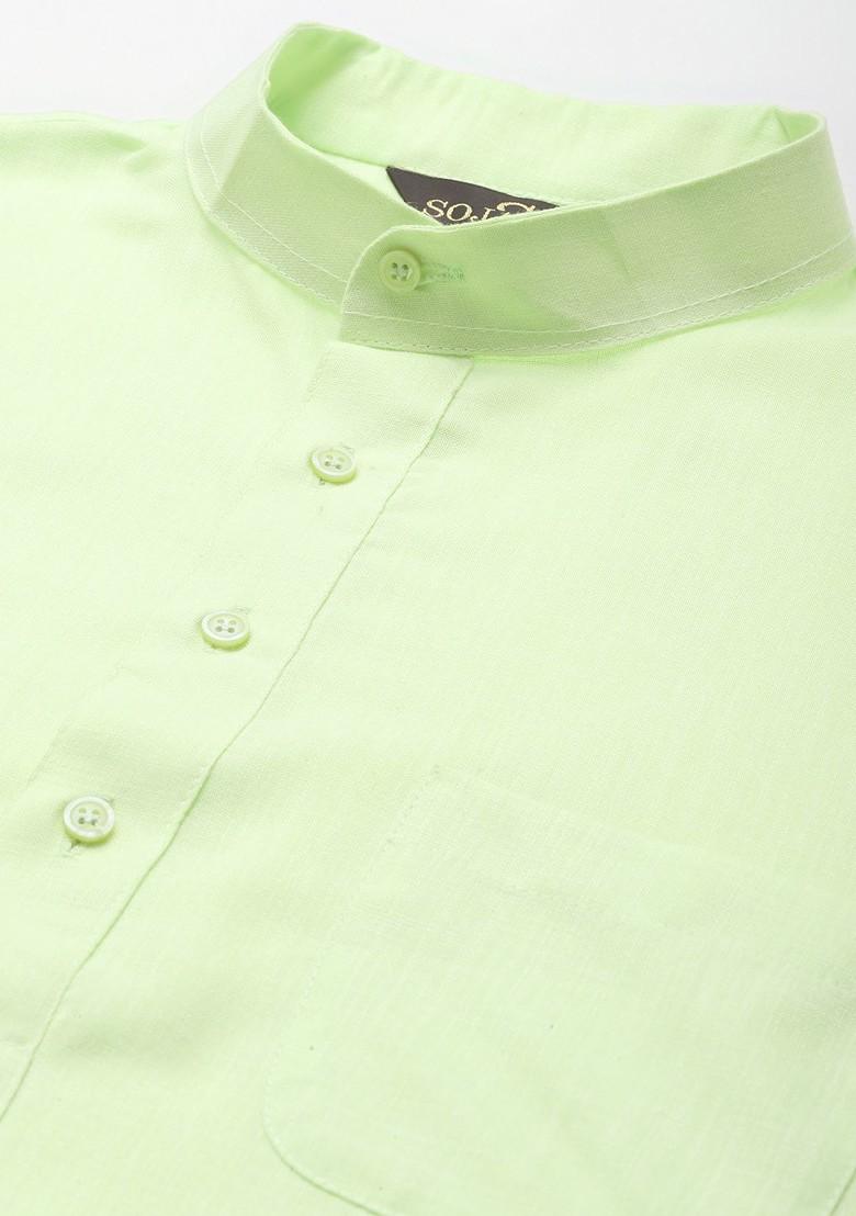 Green Mirror Work Cotton Kurta Set For Men