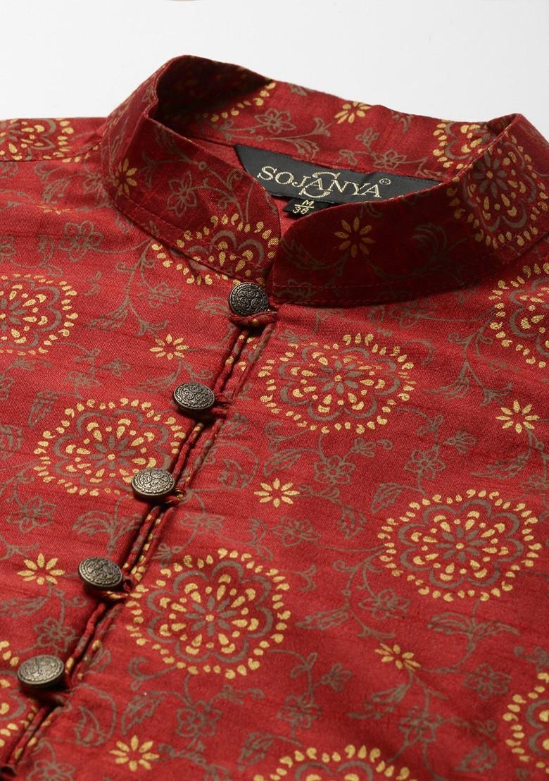 Maroon Mirror Work Poly Blend Kurta Set For Men