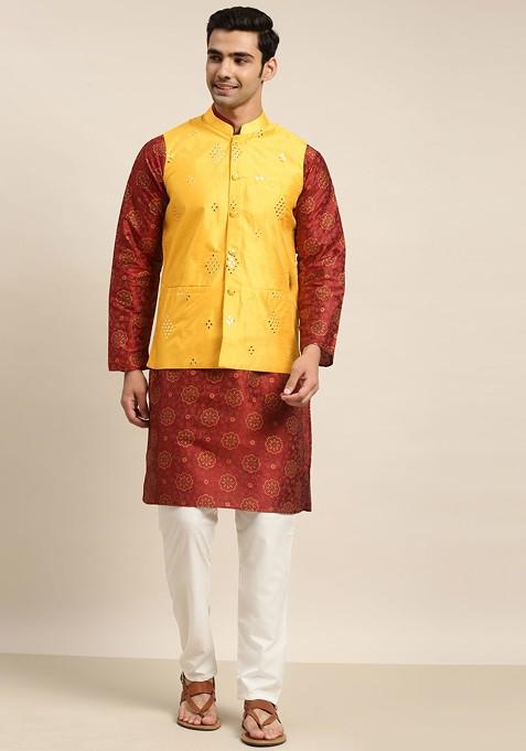 Maroon Mirror Work Poly Blend Kurta Set For Men