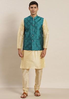 Beige Solid Poly Blend Kurta Set For Men