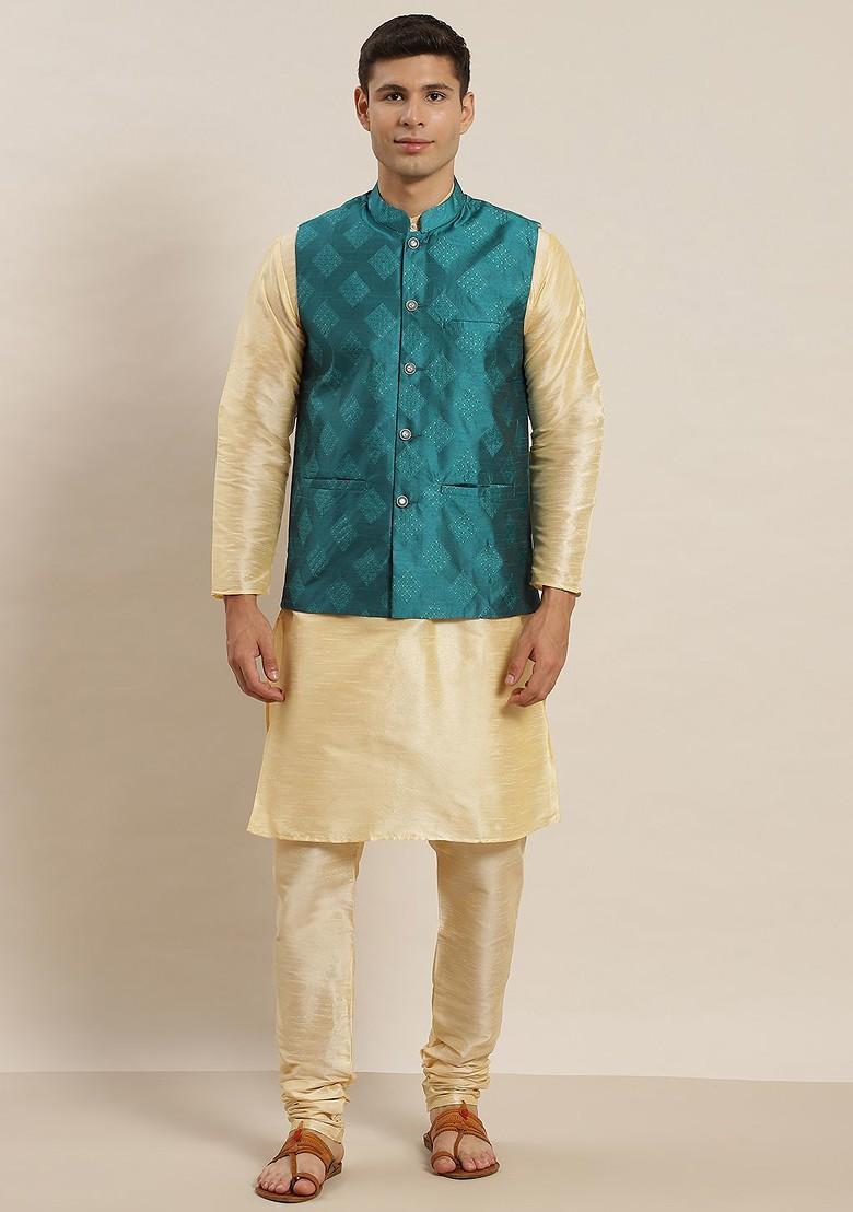 Beige Solid Poly Blend Kurta Set For Men